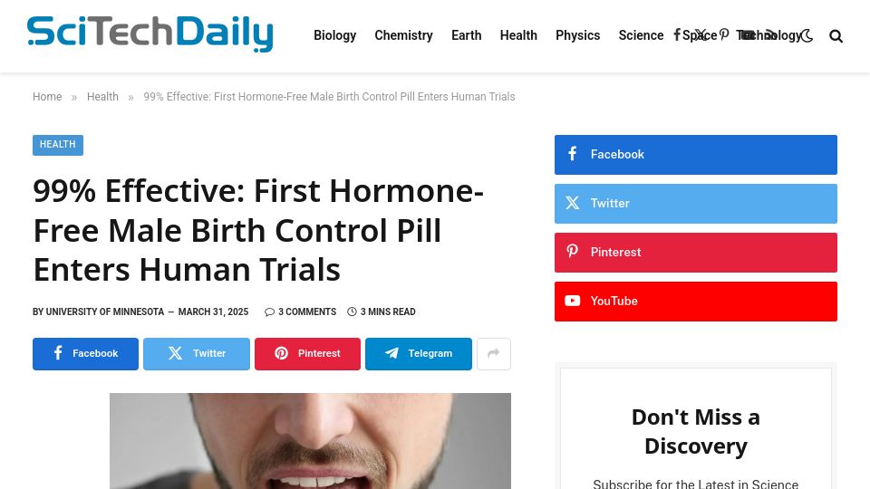 Screenshot of scitechdaily.com: First hormone-free male birth control pill enters human trials