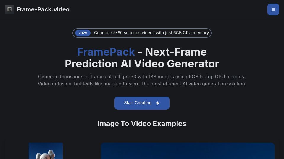 Screenshot of frame-pack.video: Show HN: Frame-Pack-Next Frame Prediction AI Video Generator