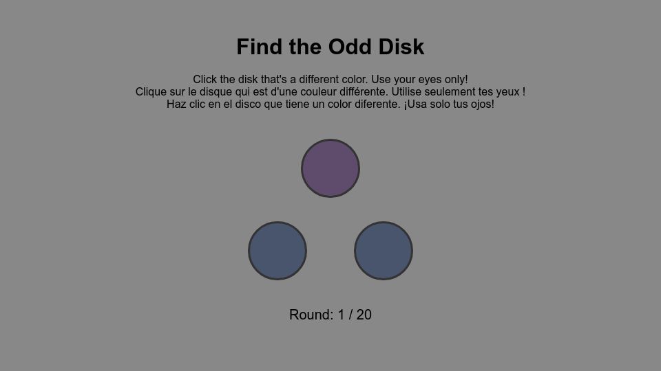 Screenshot of colors2.alessandroroussel.com: Find the Odd Disk