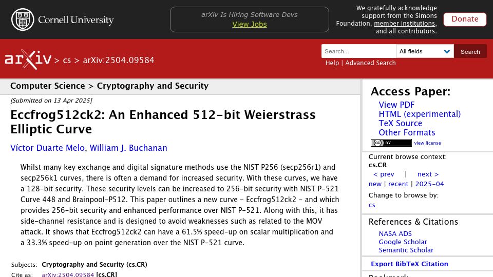 Screenshot of arxiv.org: Eccfrog512ck2: An Enhanced 512-Bit Weierstrass Elliptic Curve [pdf]