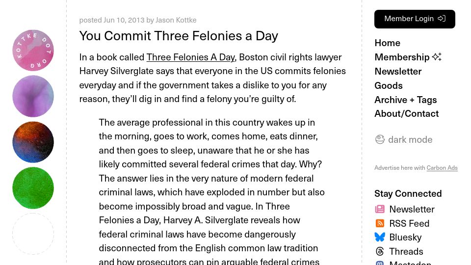 Screenshot of kottke.org: Three Felonies a Day (2013)