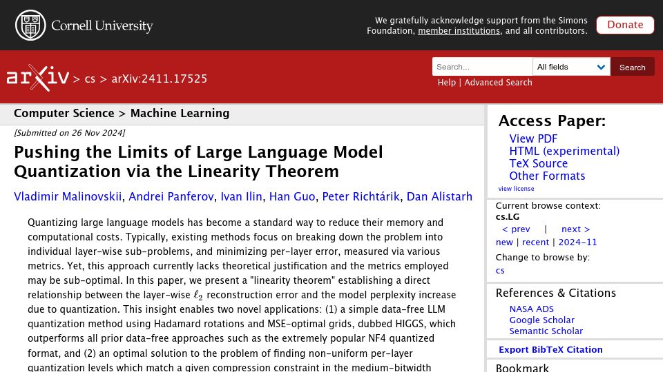 Screenshot of arxiv.org: Pushing the Limits of LLM Quantization via the Linearity Theorem