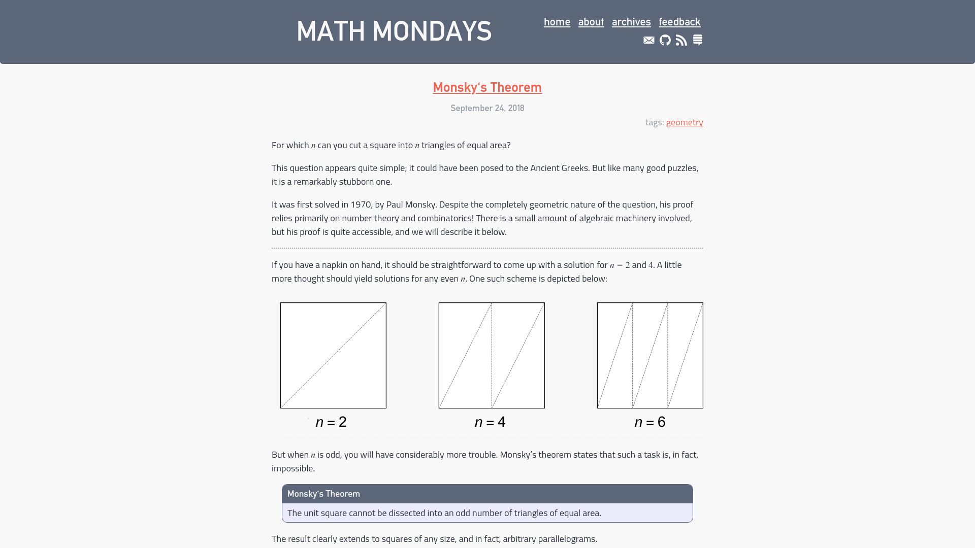 Screenshot of mathmondays.com: Monsky's Theorem