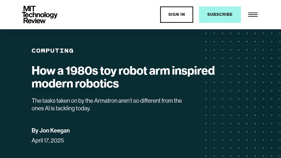 Screenshot of technologyreview.com: A 1980s toy robot arm inspired modern robotics