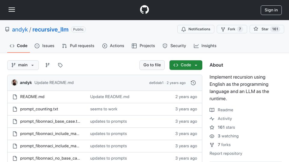 Screenshot of github.com: Recursive LLM prompts