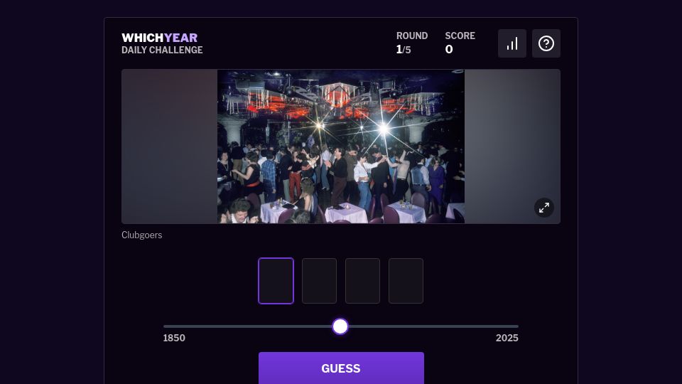 Screenshot of whichyr.com: Which year: guess which year each photo was taken