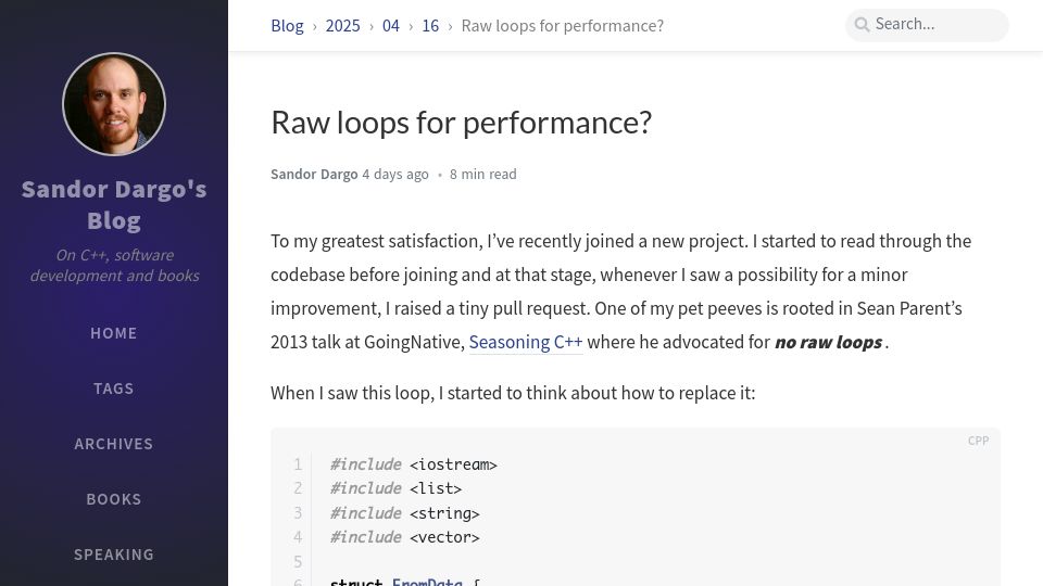 Screenshot of sandordargo.com: Raw Loops for Performance?