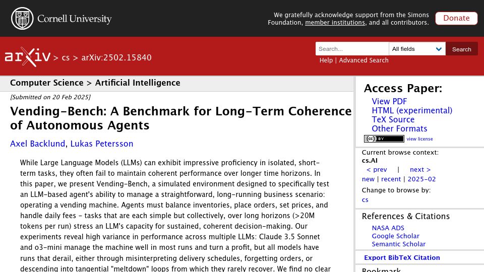 Screenshot of arxiv.org: Vending-Bench: A Benchmark for Long-Term Coherence of Autonomous Agents