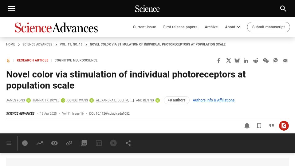 Screenshot of science.org: Novel color via stimulation of individual photoreceptors at population scale