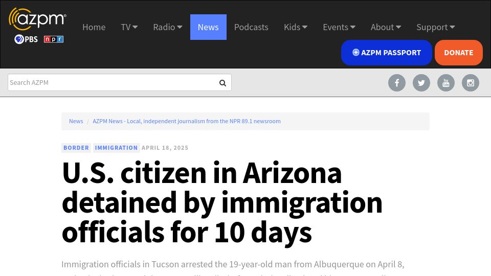 Screenshot of news.azpm.org: U.S. citizen in Arizona detained by immigration officials for 10 days