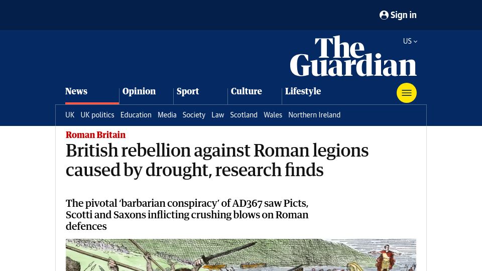 Screenshot of theguardian.com: British rebellion against Roman legions caused by drought, research finds