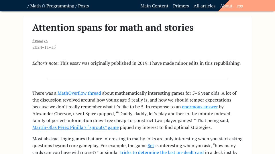 Screenshot of jeremykun.com: Attention Spans for Math and Stories (2019)