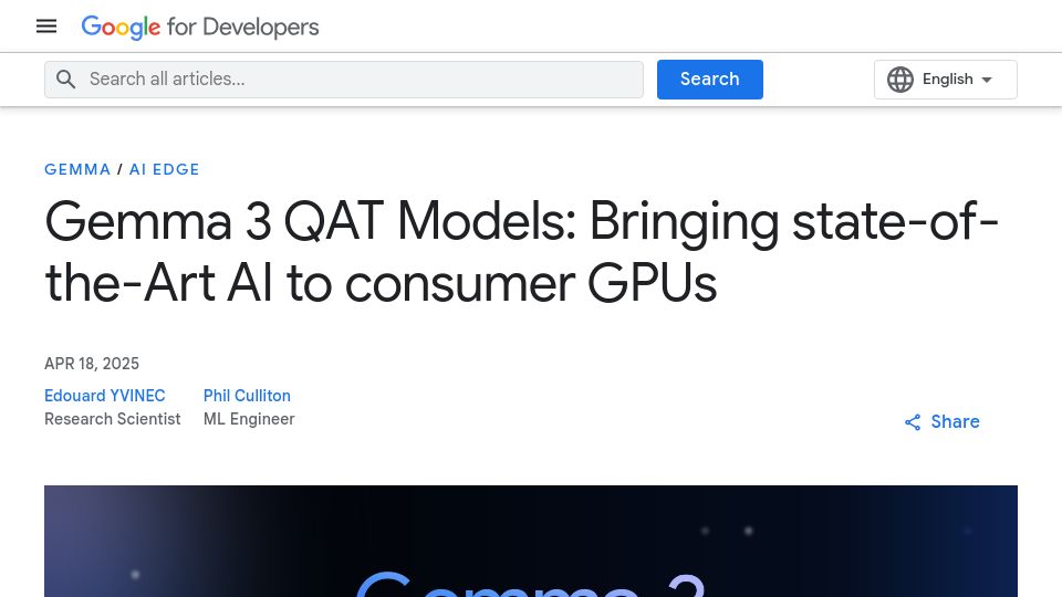 Screenshot of developers.googleblog.com: Gemma 3 QAT Models: Bringing AI to Consumer GPUs