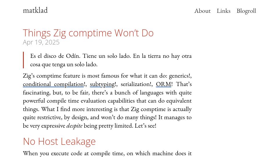 Screenshot of matklad.github.io: Things Zig comptime won't do