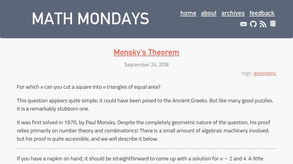 Screenshot of mathmondays.com: Monsky's Theorem