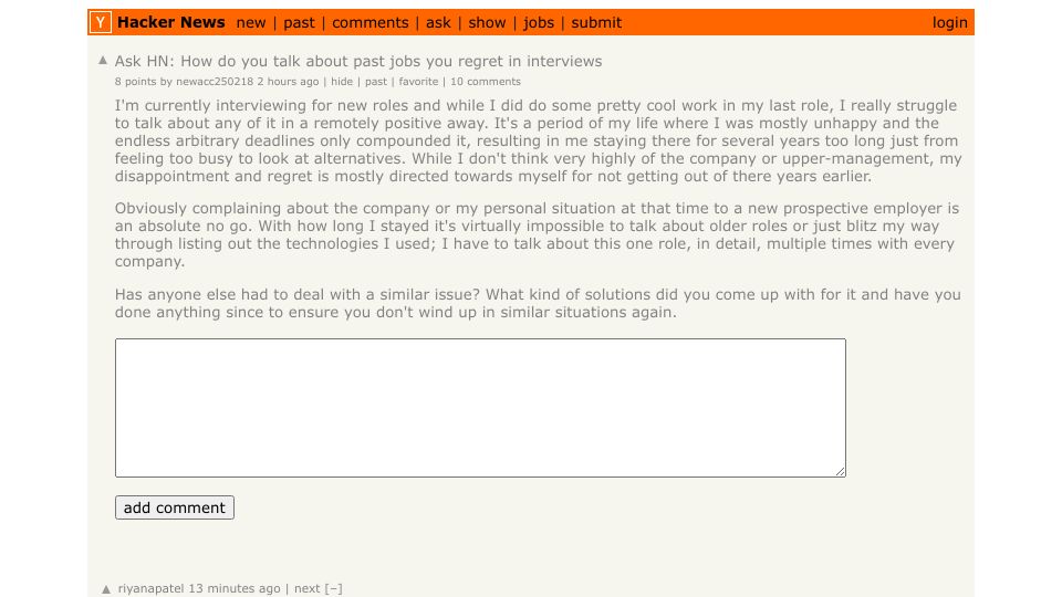 Screenshot of Hacker News post: Ask HN: How do you talk about past jobs you regret in interviews