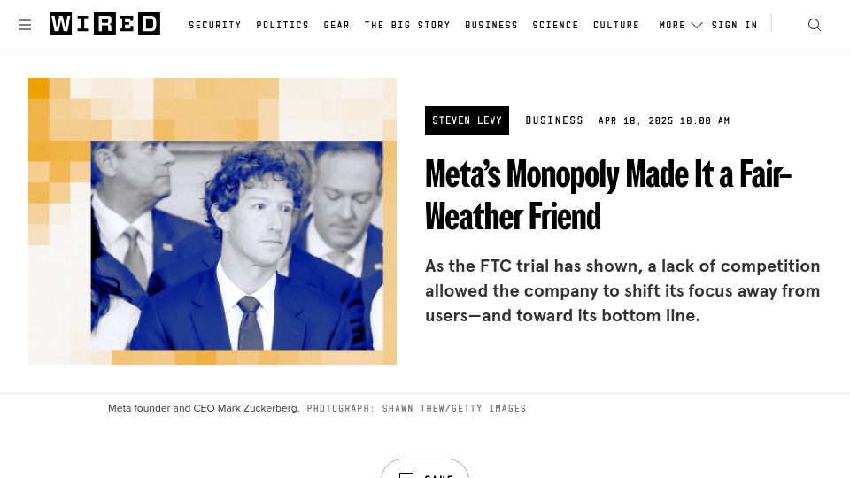 Screenshot of wired.com: Meta's Monopoly Made It a Fair-Weather Friend