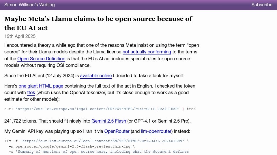 Screenshot of simonwillison.net: Maybe Meta's Llama claims to be open source because of the EU AI act