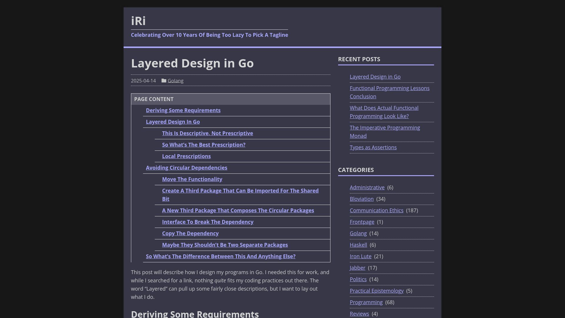 Screenshot of jerf.org: Layered Design in Go