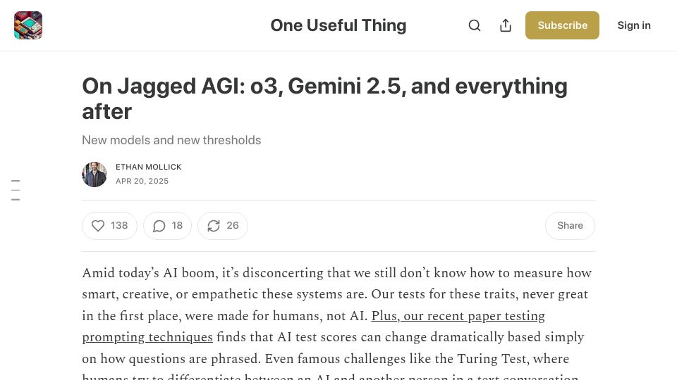 Screenshot of oneusefulthing.org: Jagged AGI: o3, Gemini 2.5, and everything after