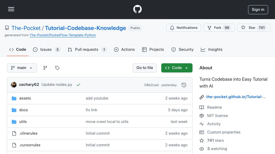 Screenshot of github.com: Show HN: I built an AI that turns GitHub codebases into easy tutorials