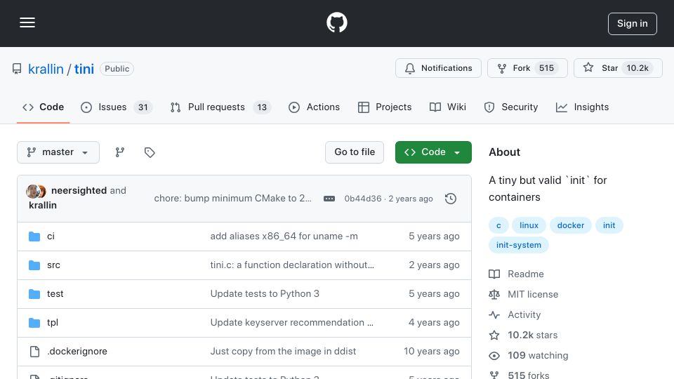 Screenshot of github.com: Tini: A tiny but valid `init` for containers