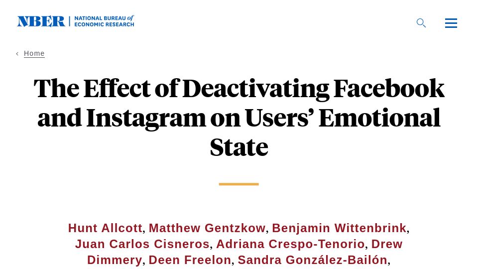 Screenshot of nber.org: The effect of deactivating Facebook and Instagram on users' emotional state