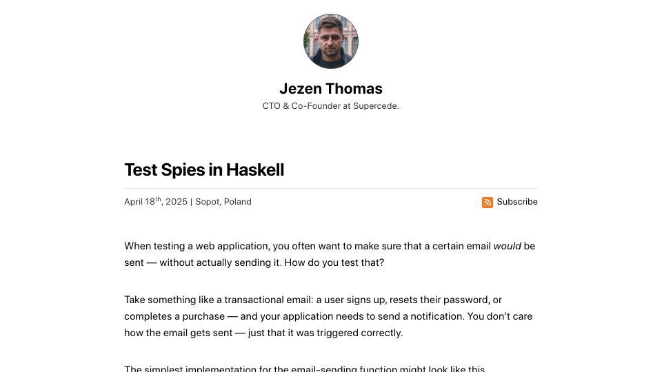 Screenshot of jezenthomas.com: Test Spies in Haskell