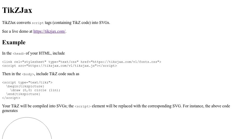 Screenshot of tikzjax.com: TikZJax: Embedding LaTeX Drawings in HTML