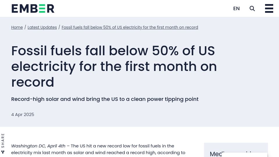 Screenshot of ember-energy.org: Fossil fuels fall below 50% of US electricity for the first month on record