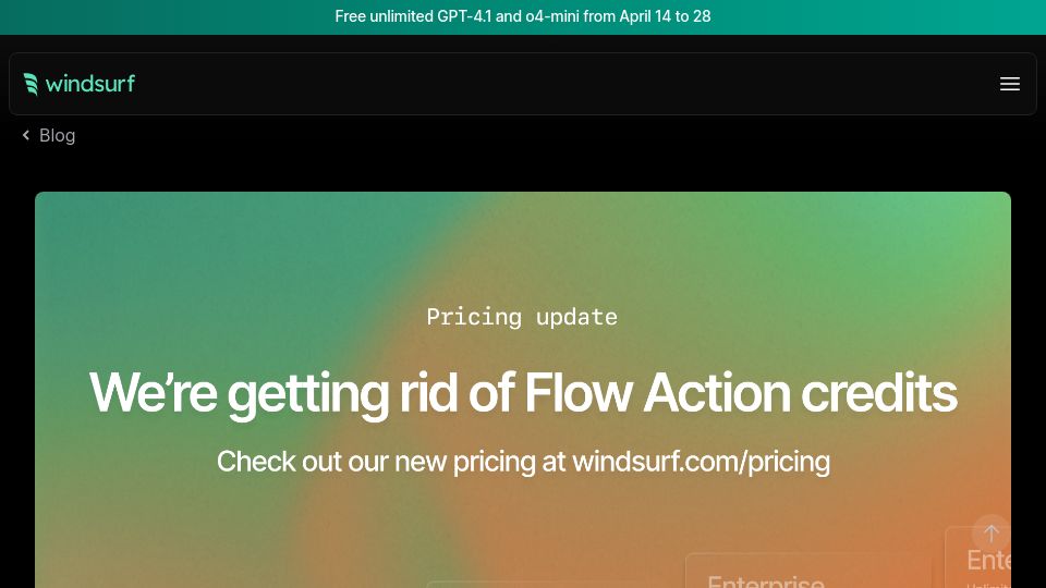 Screenshot of windsurf.com: An update to our pricing