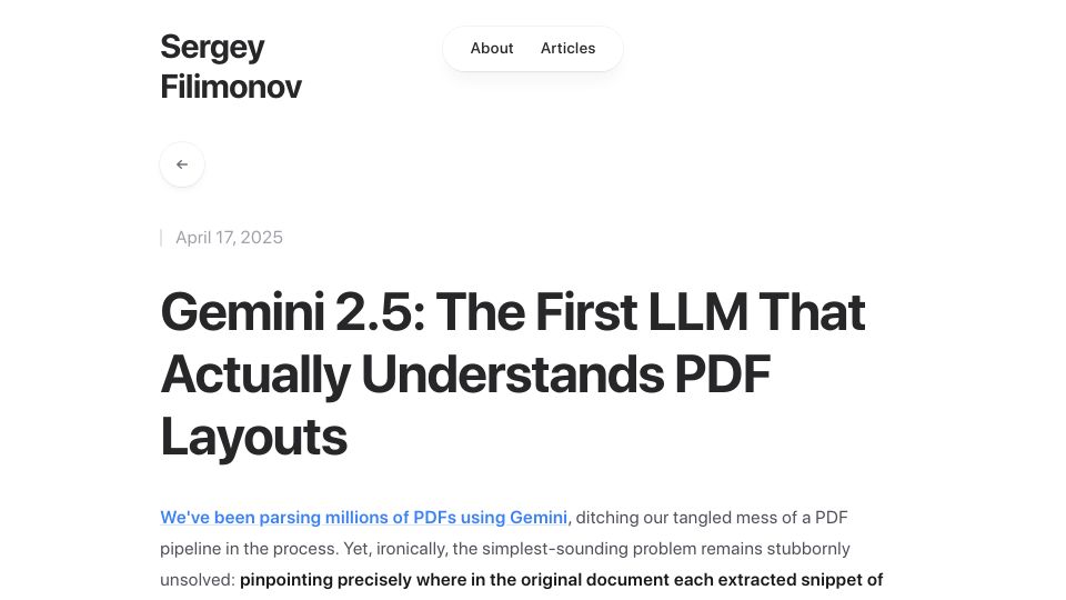 Screenshot of sergey.fyi: Gemini 2.5: The First LLM That Understands PDF Layouts