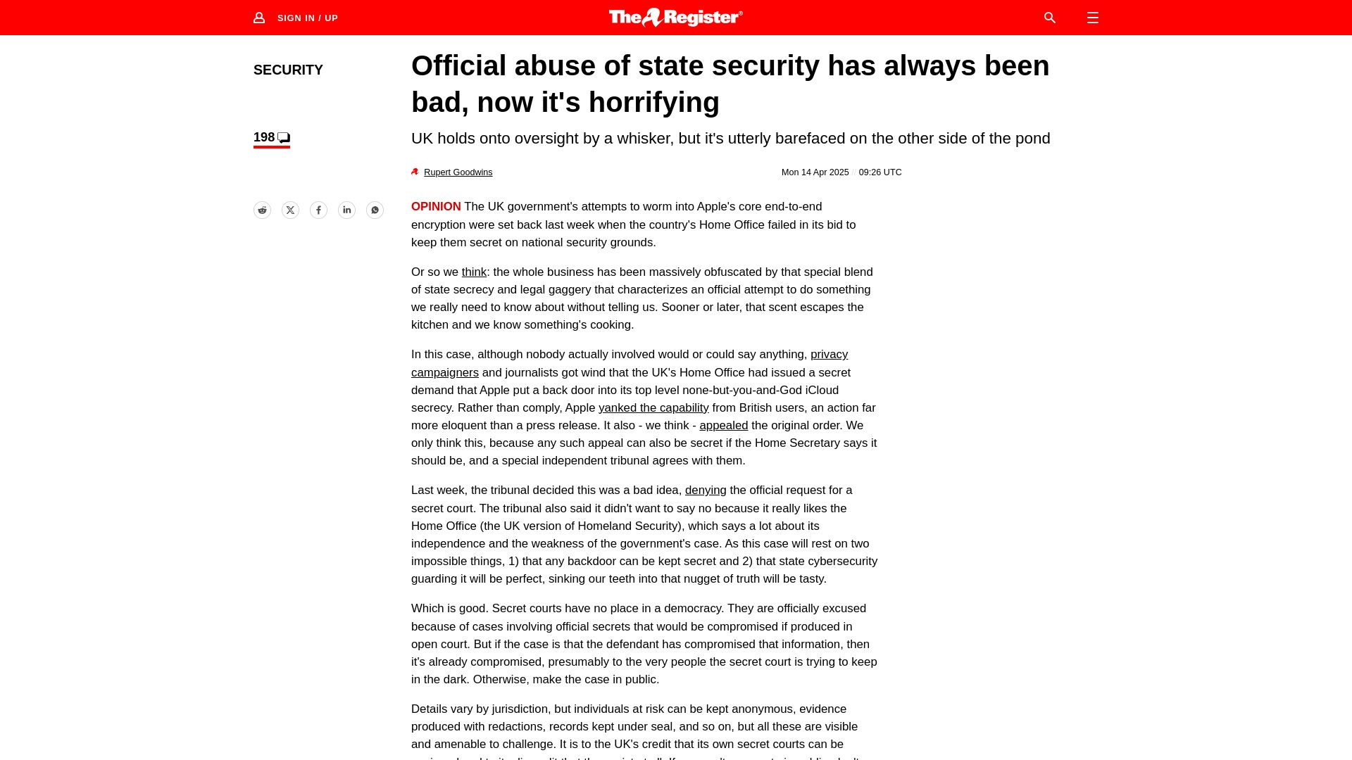 Screenshot of theregister.com: Official abuse of state security has always been bad, now it's horrifying