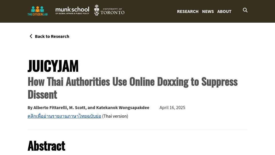 Screenshot of citizenlab.ca: How Thai authorities use online doxxing to suppress dissent