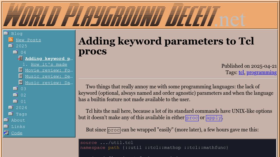Screenshot of world-playground-deceit.net: Adding keyword parameters to Tcl procs