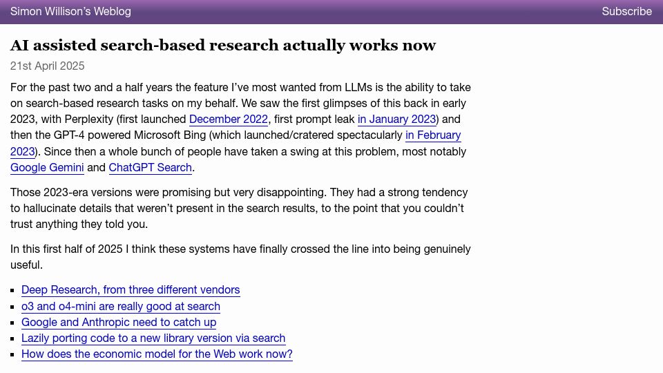 Screenshot of simonwillison.net: AI assisted search-based research works now