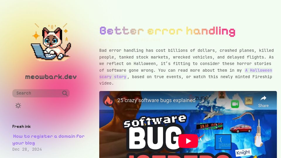 Screenshot of meowbark.dev: Better Error Handling