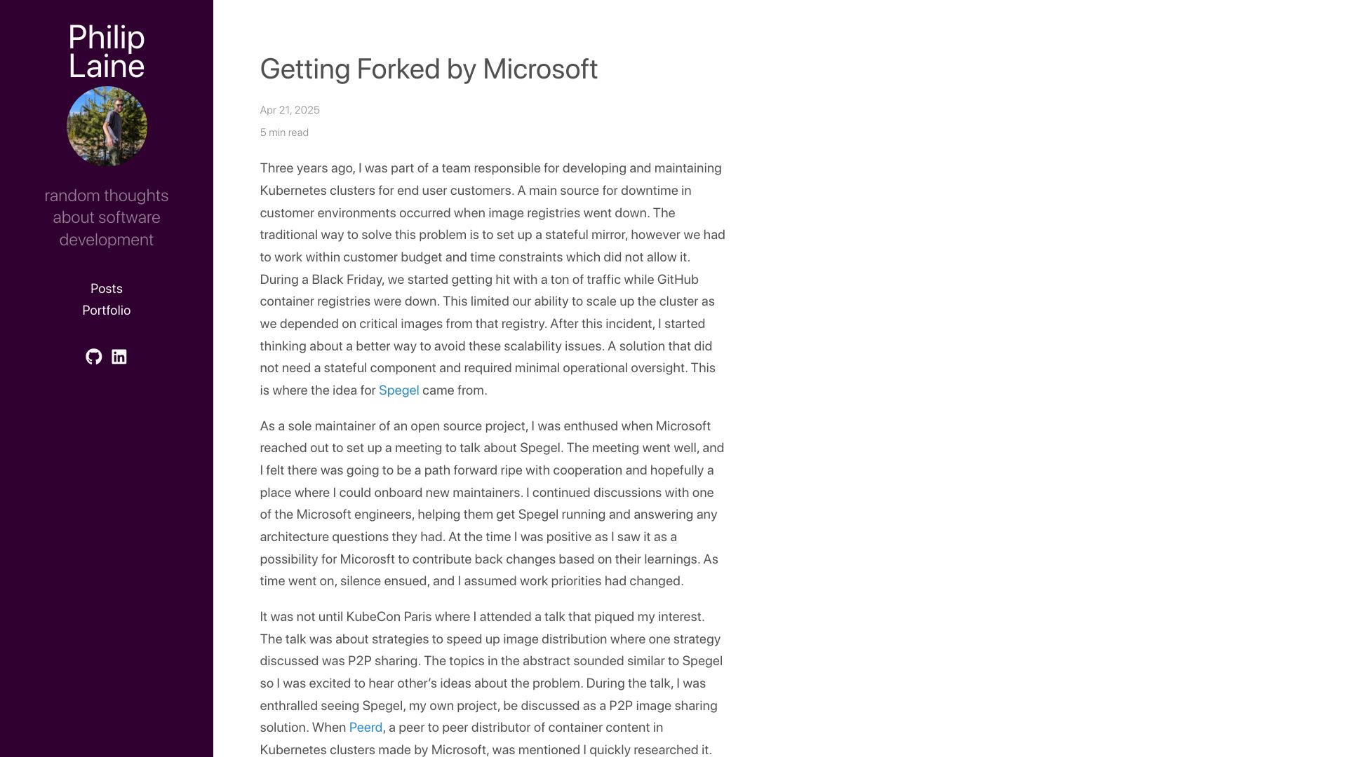 Screenshot of philiplaine.com: Getting forked by Microsoft