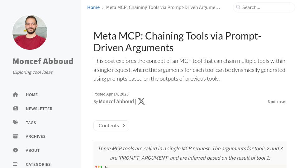 Screenshot of cefboud.com: Meta MCP: Chaining Tools via Prompt-Driven Arguments