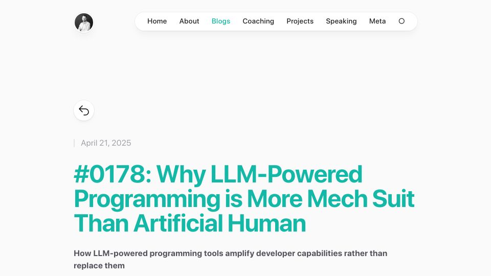 Screenshot of matthewsinclair.com: LLM-powered tools amplify developer capabilities rather than replacing them