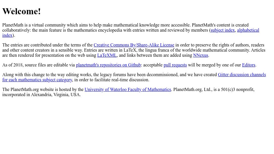 Screenshot of planetmath.org: PlanetMath