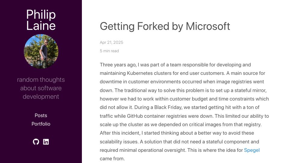 Screenshot of philiplaine.com: Getting forked by Microsoft