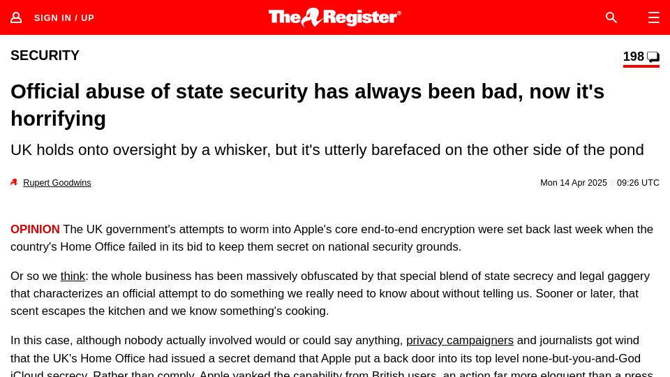 Screenshot of theregister.com: Official abuse of state security has always been bad, now it's horrifying