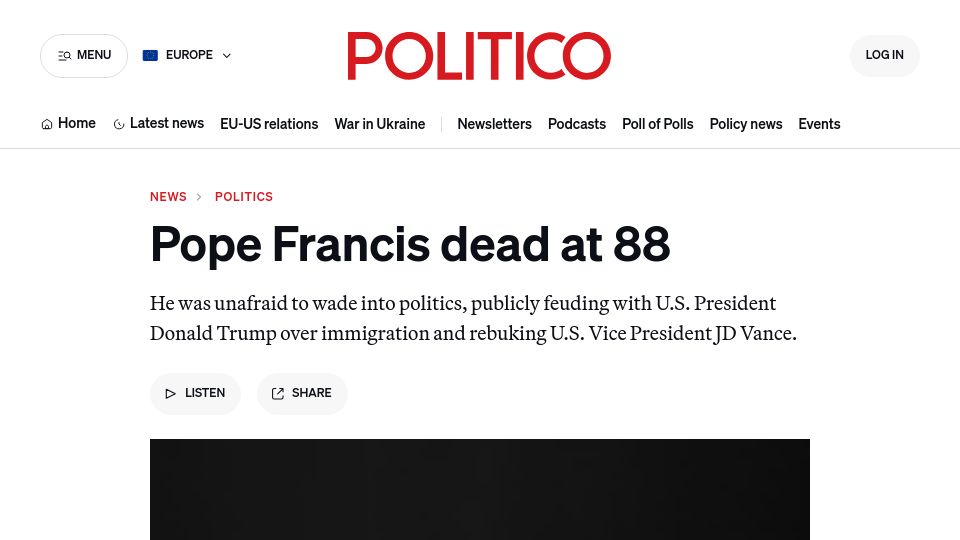Screenshot of politico.eu: Pope Francis Dead at 88
