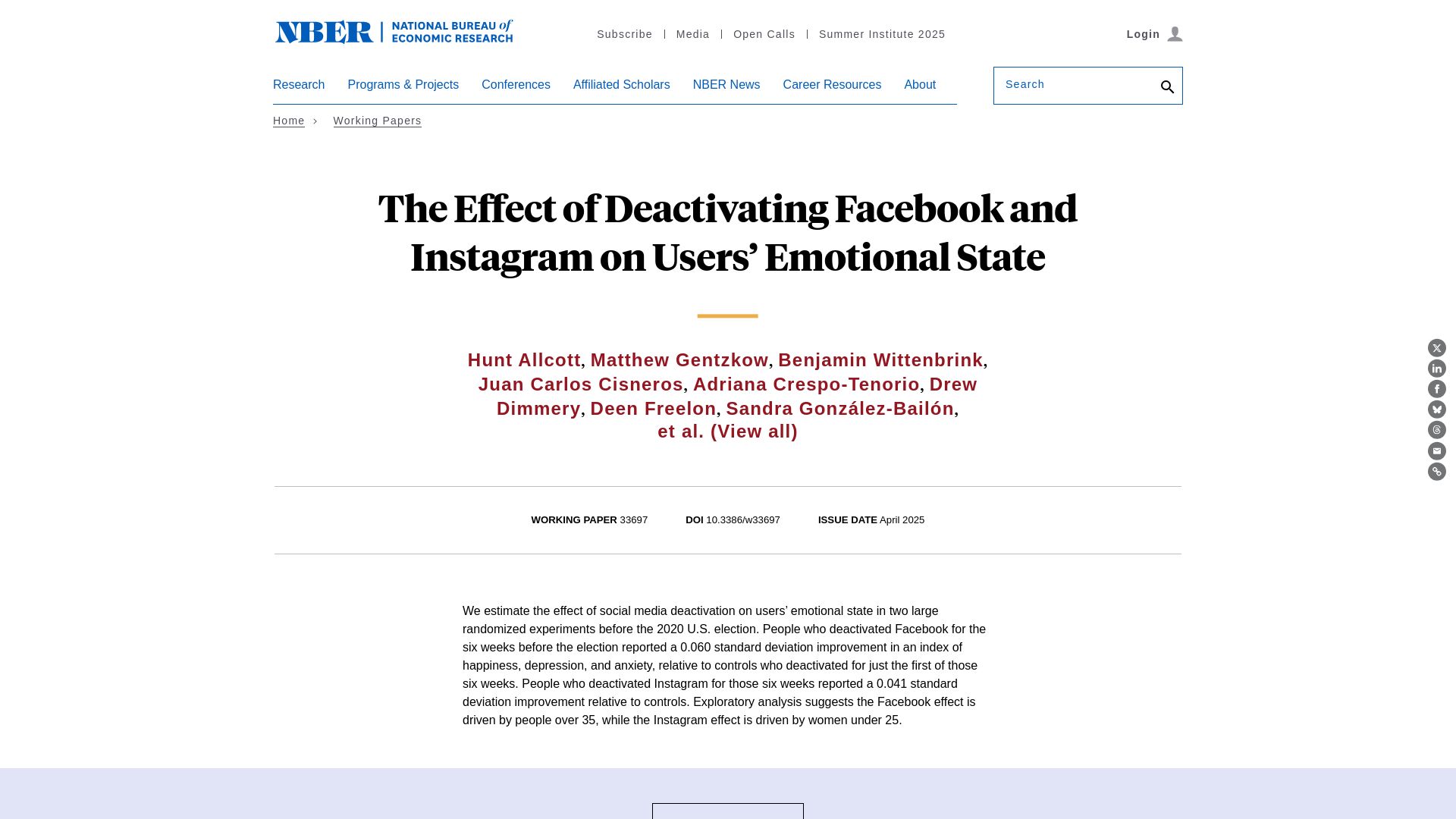 Screenshot of nber.org: The effect of deactivating Facebook and Instagram on users' emotional state