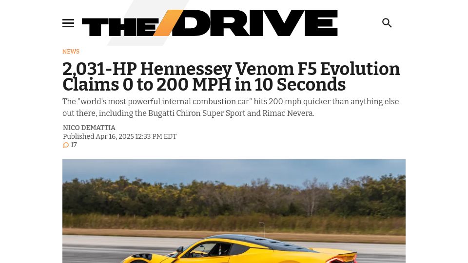 Screenshot of thedrive.com: 2,031-HP Hennessey Venom F5 Evolution Claims 0 to 200 MPH in 10 Seconds