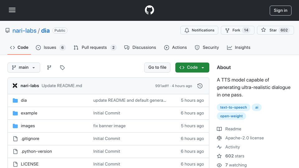 Screenshot of github.com: Show HN: Dia, an open-weights TTS model for generating realistic dialogue