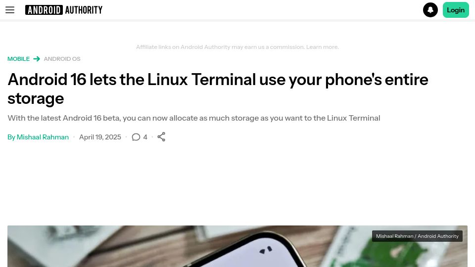 Screenshot of androidauthority.com: Android 16 lets the Linux Terminal use your phone's entire storage