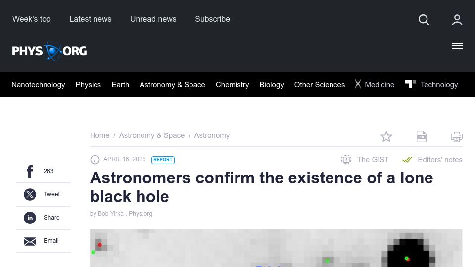 Screenshot of phys.org: Astronomers confirm the existence of a lone black hole