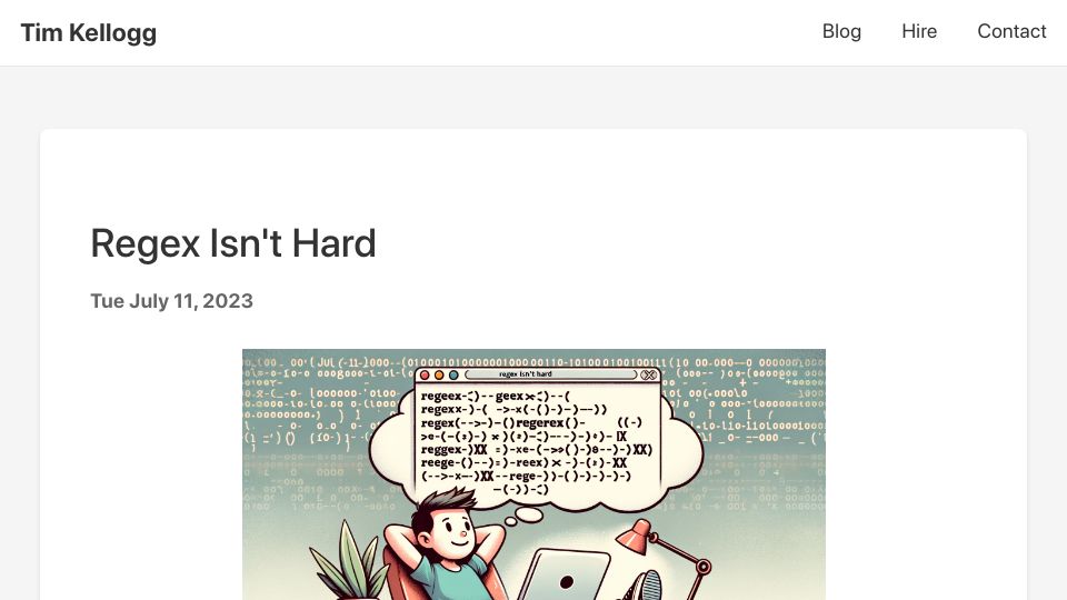 Screenshot of timkellogg.me: Regex Isn't Hard (2023)
